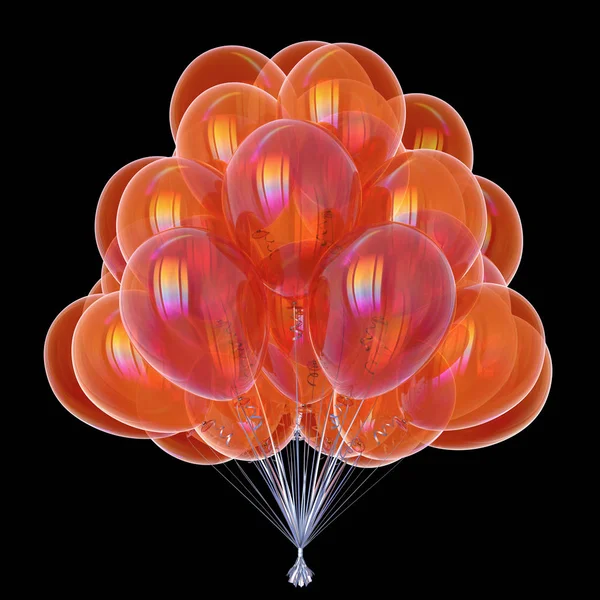 balloons party birthday symbol orange glossy. anniversary celebrate decoration. helium balloon bunch shiny. invitation greeting card design element. 3d illustration, isolated on black