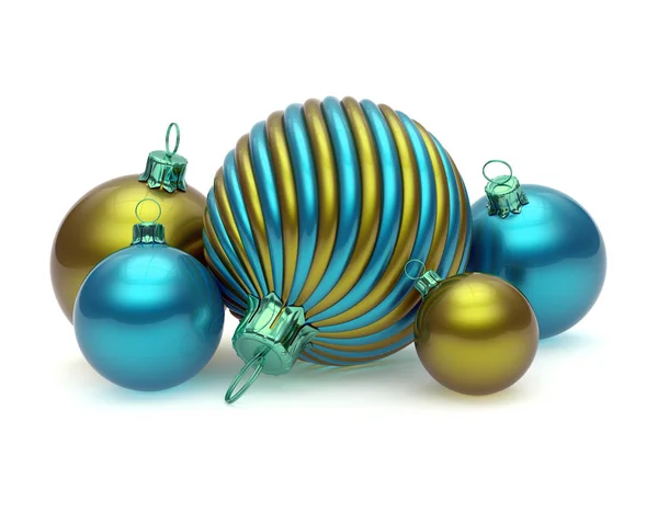 Weihnachtskugeln Gruppe Dekoration Fünf Glänzende Bunte Blau Gelb Neujahrskugeln Bunte — Stockfoto