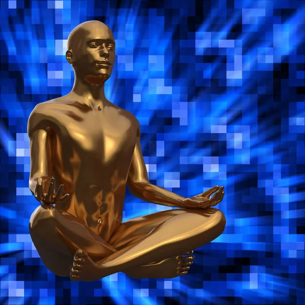 Zlatá socha muže v lotosové pozici stylizované na modrém pozadí — Stock fotografie