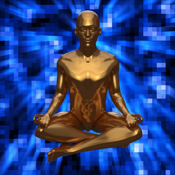 Zen lotus pose stylized golden man figure on blue background