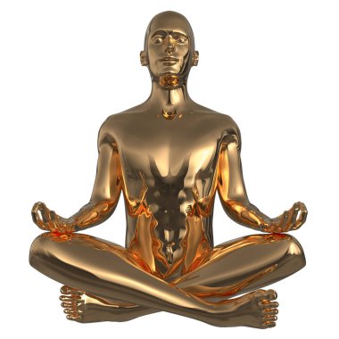 Yoga altın adam meditasyon yapıyor lotus pozu veriyor stil sahibi karakter parlatılıyor