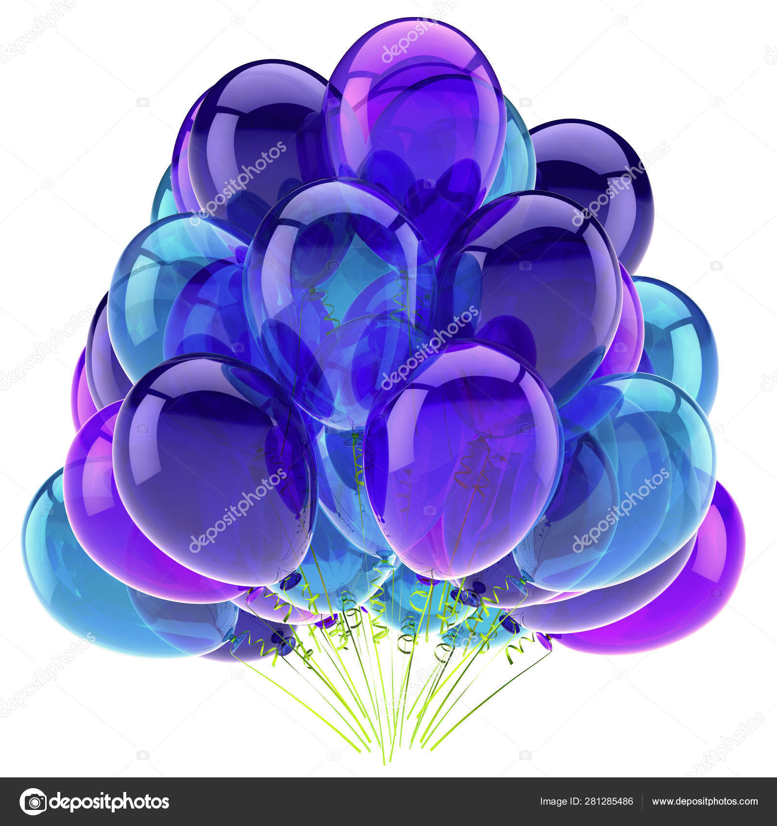 Purple balloon bunch, birthday party decoration blue, glossy helium balloons  violet translucent. Holiday anniversary celebrate invitation greeting card  design element. 3d illustration Stock Illustration