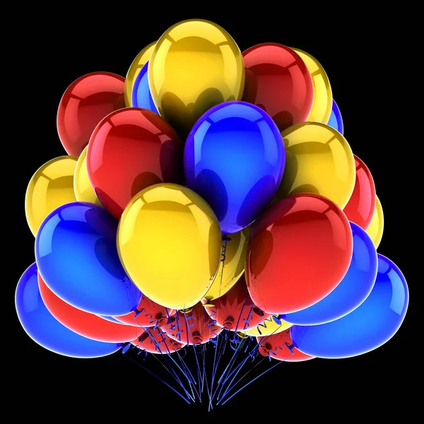 Illustration 3D de ballons anniversaire fête décoration rouge jaune bleu — Photo