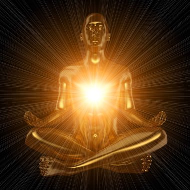 Demir adam figürü yoga lotus 3d illüstrasyon vücut flaş altın poz