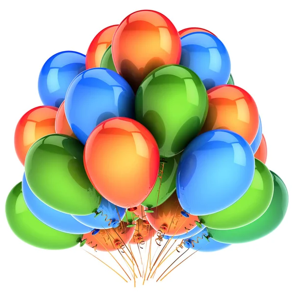3d 党气球生日装饰橙色蓝色绿色插图 — 图库照片