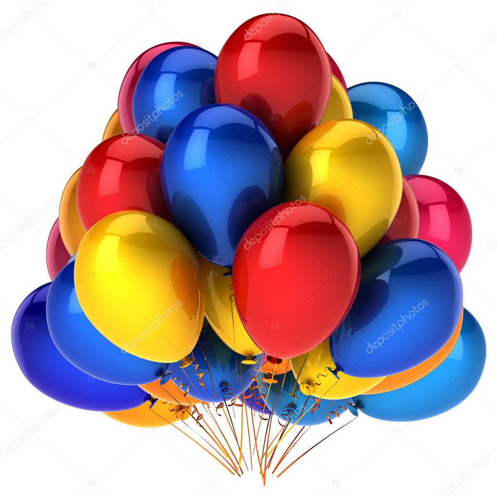 3d illustration of balloons bunch party decoration red yellow blue