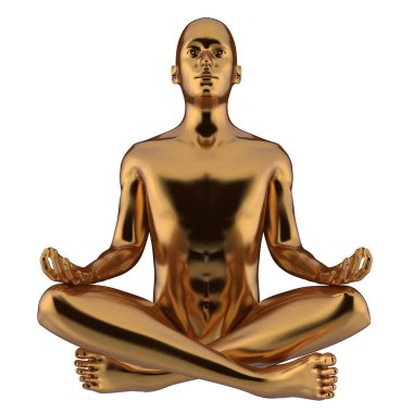 Demir heykel adam yoga lotus pozisyon stilize altın 3d illüstrasyon