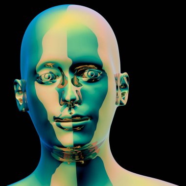 Demir adam baş renkli yeşil altın parlak 3d illüstrasyon