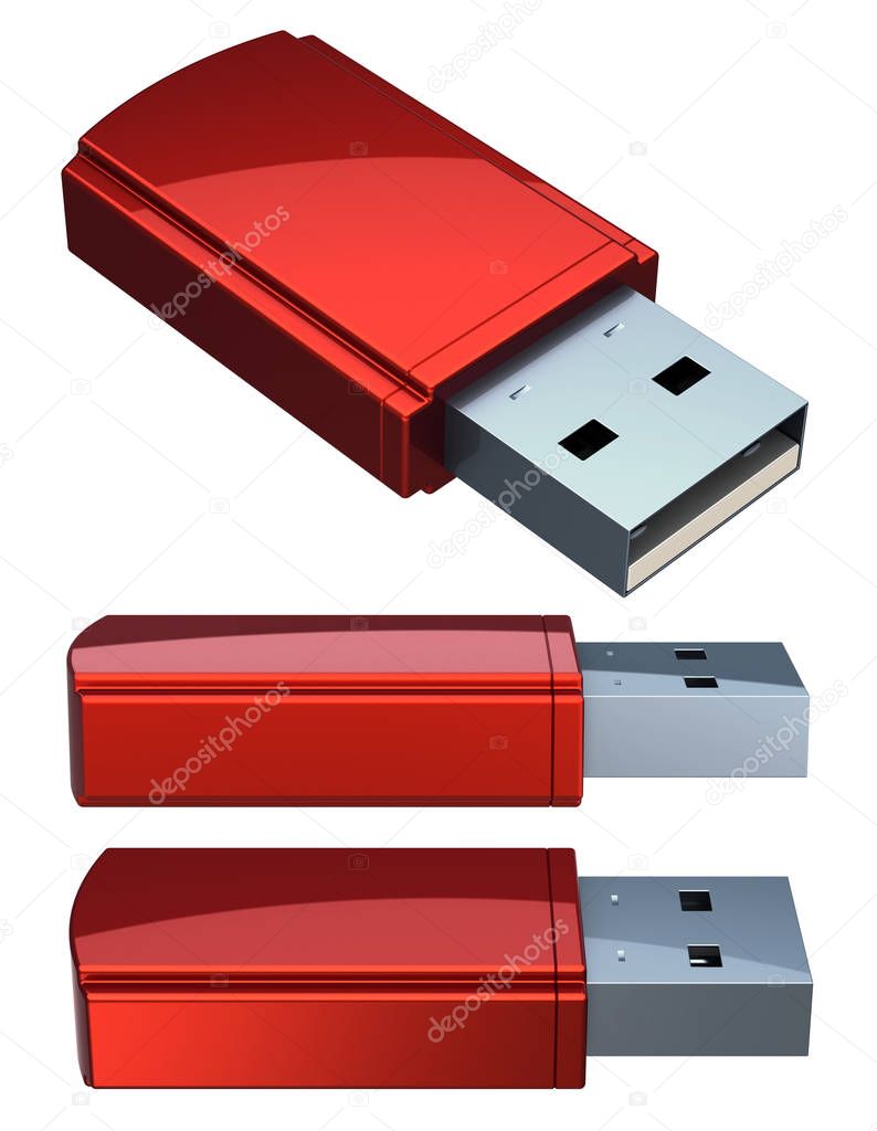 3d illustration of red USB flash drive memory stick set close-up
