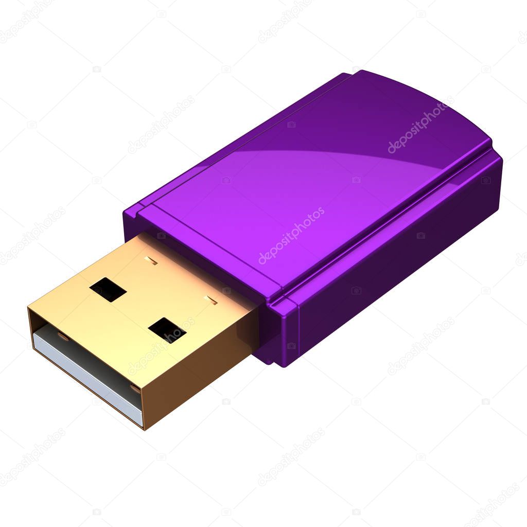3d illustration of USB flash drive memory stick purple close-up