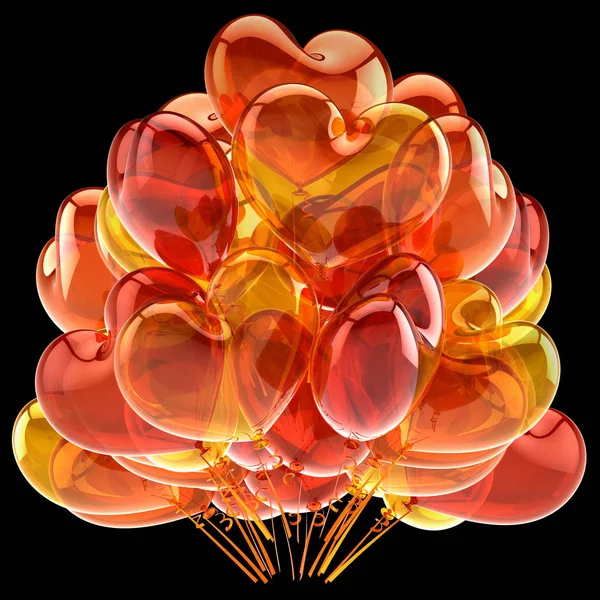 3d illustration of party balloons bunch orange heart shaped — Stock Photo, Image
