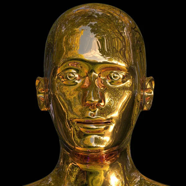 3d illustration of gold human head shot, portrait of single man face