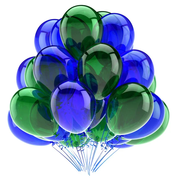 緑の青いパーティー風船は、バルーンバロンの束。誕生日の装飾 — ストック写真