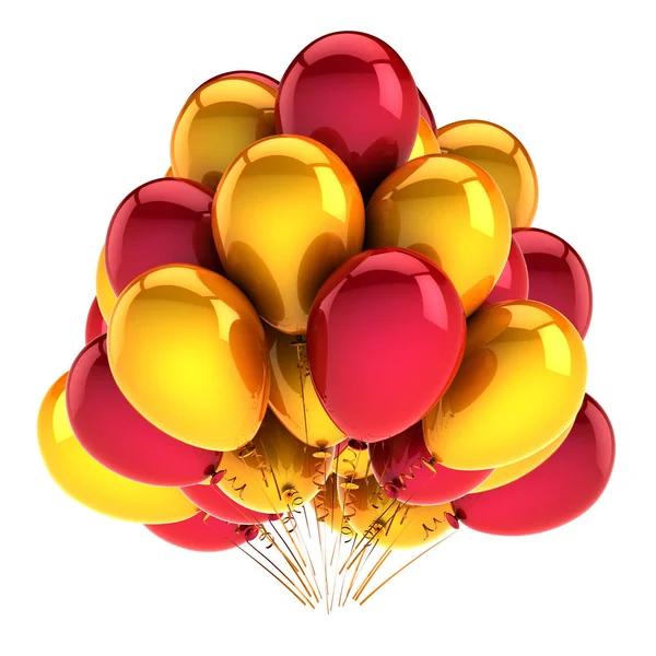 Glänzende Heliumballons großer Haufen roter gelber Geburtstagsparty-Symbole — Stockfoto