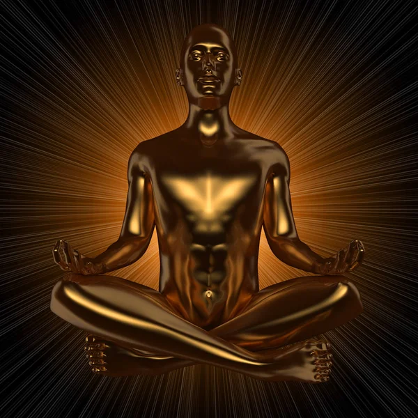 Iron man figure yoga lotus pose stylized golden body energy flash rays — Stock Photo, Image