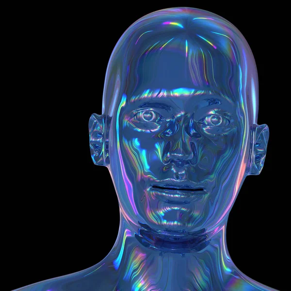 Android hlava železo kyborg muž stylizovaný portrét leštěný modrý metalíza — Stock fotografie