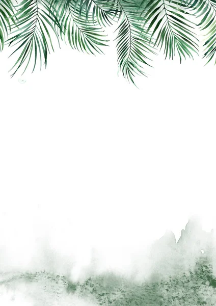 Hintergrundposter Aquarell grüne Flecken und Blätter der Palmenbordüre. — Stockfoto