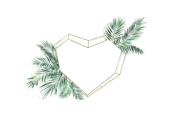 Golden framed heart geometry and palm leaves.