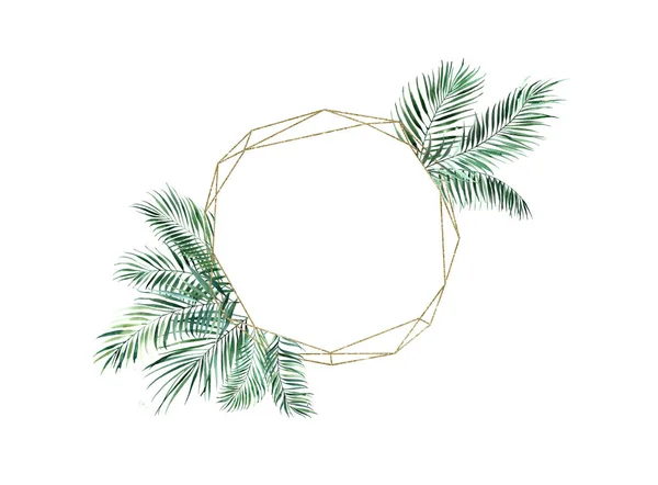 Golden round frame with palm leaves. Watercolor illustration on a white background. — ストック写真