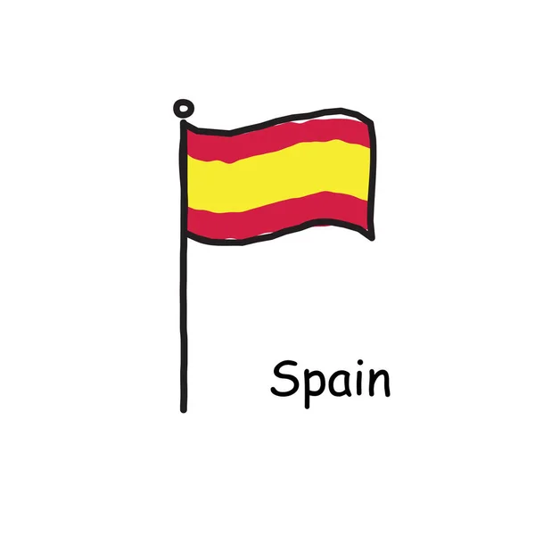 Ręcznie Rysowana Szkicowa Flaga Hiszpanii Maszcie Flagowym Trzy Kolory Flagi — Wektor stockowy