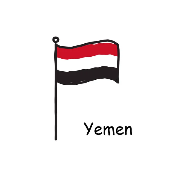 Ručně Kreslené Náčrtkové Jemenské Vlajky Vlajkovém Stožáru Tříbarevná Vlajka Stock — Stockový vektor