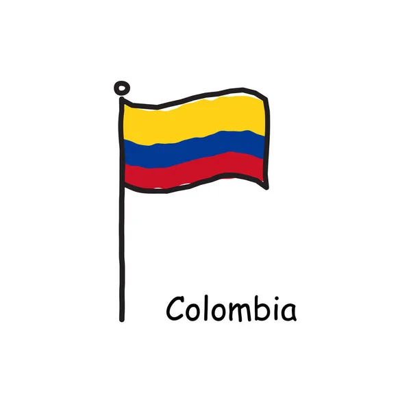 Hand Drawn Sketchy Colombia Flag Flag Pole Three Color Flag — Stock Vector