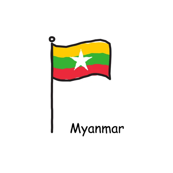 Handritad Skissartad Myanmar Flagga Flaggstången Tre Fanor Lagervektor Illustration — Stock vektor