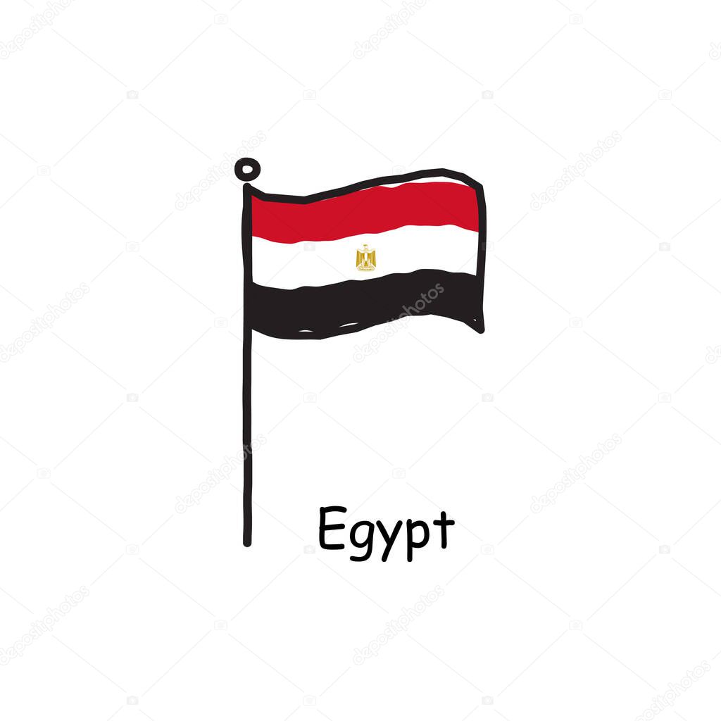 hand drawn sketchy Egypt flag on the flag pole. three color flag . Stock Vector illustration