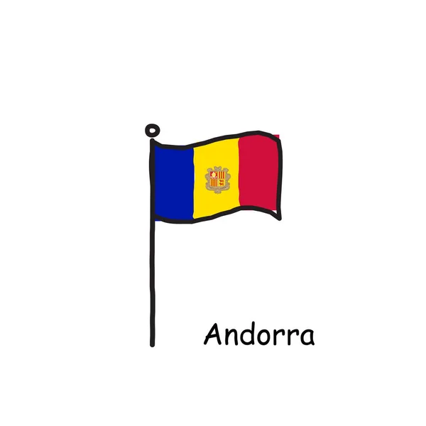 Handgezeichnete Skizzenhafte Andorra Flagge Fahnenmast Drei Farben Flagge Illustration Zum — Stockvektor