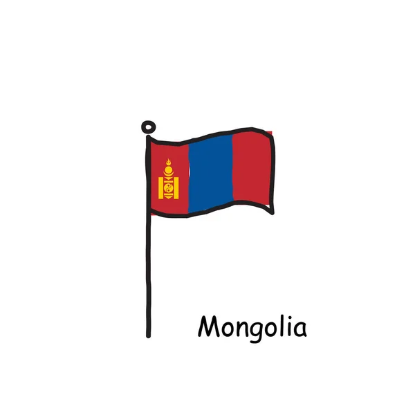 Handgetekende Vage Mongoolse Vlag Vlaggenmast Drie Kleuren Vlag Voorraadvectorillustratie — Stockvector