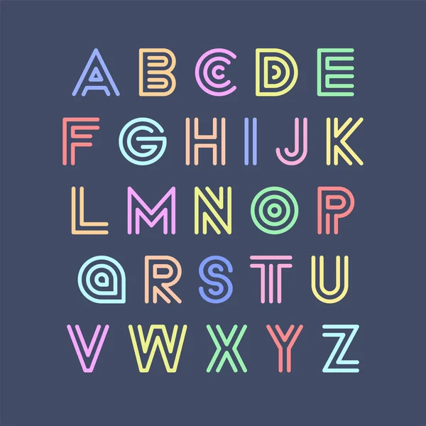 Färgglad randig roliga typsnitt. Vector engelska alfabetet i retrostil. Lekfull latinska bokstäver — Stock vektor