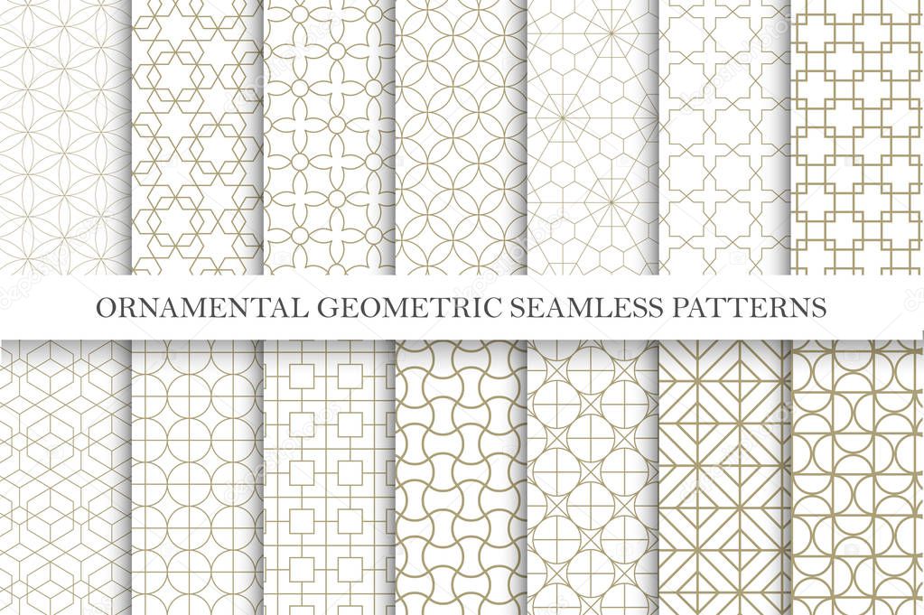 Collection of seamless ornamental vector patterns. Grid geometric oriental design.