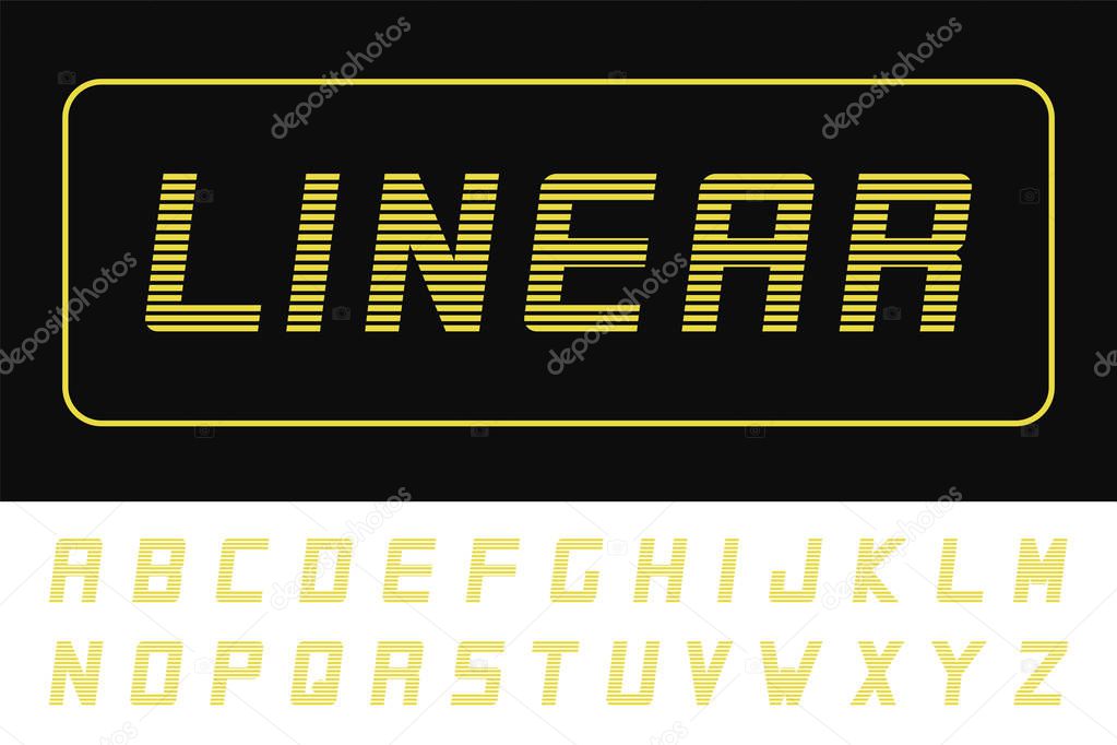 Vector modern striped font - futuristic design. Trendy english alphabet. Yellow linear latin letters