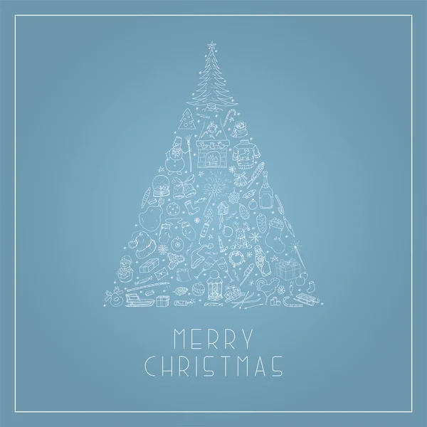 Рождественская елка с нарисованными вручную элементами Xmas. Праздничная открытка — стоковый вектор