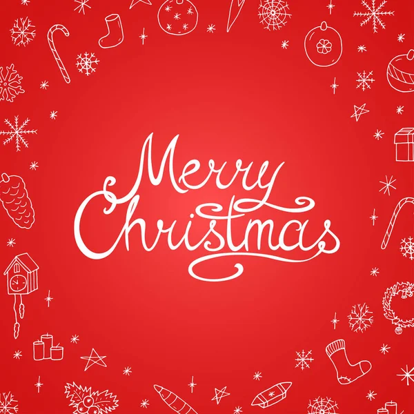 Winter vakantie rode achtergrond met hand getrokken dooodle elementen. Merry Christmas vector card — Stockvector