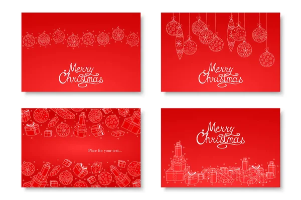 Collection de vecteurs belles cartes de vœux dessinées à la main Joyeux Noël. Vacances d'hiver milieux rouges avec calligraphie — Image vectorielle