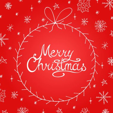 Vektör Noel tebrik kartı elle çizilmiş kar taneleri doodle tarzı ile. Neşeli Noel kırmızı arka plan