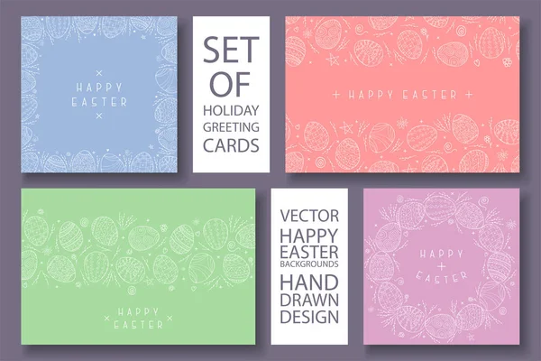 Ensemble de cartes vectorielles joyeuses de Pâques avec des éléments décoratifs dessinés à la main. Fond créatif de vacances . — Image vectorielle