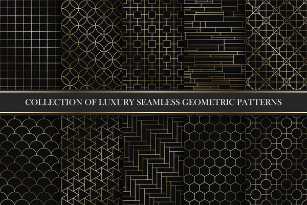 Art deco gyűjteménye vektor geometrikus minták - varrat nélküli luxus arany színátmenetes téma. Gazdag díszítő hátterek. — Stock Vector