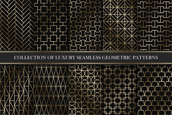 Collection of art deco vector geometric patterns - seamless luxury gold gradient design. Rich ornamental backgrounds. — Stock Vector