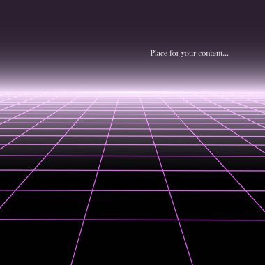 Arka plan bakış açısı ile. Dijital fütüristik tasarım - retro 80-90'lı yılların tarzı. Kılavuz neon yüzey