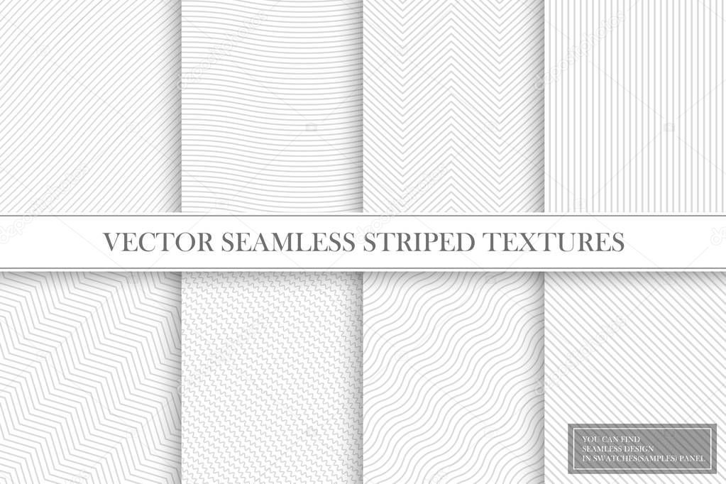 Collection of seamless striped textures - light gray design. Delicate fabric geometric patterns.