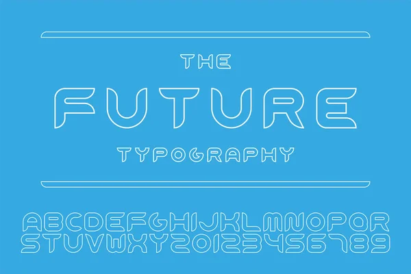 Fuente futurista de diseño vectorial - diseño minimalista. Alfabeto inglés de contorno. Esquema letras y números latinos — Archivo Imágenes Vectoriales