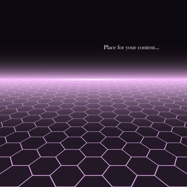 Arka plan bakış açısı ile. Dijital fütüristik tasarım - retro 80-90'lı yılların tarzı. Altıgen kılavuz neon yüzey