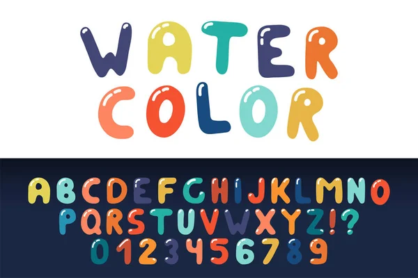 Alfabeto criativo inglês aquarela. Fonte funky vibrante. Letras latinas coloridas e numerais — Vetor de Stock
