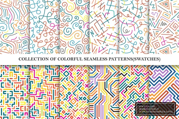 Collection of bright colorful seamless vector patterns - striped curve geometric design. — Stock Vector
