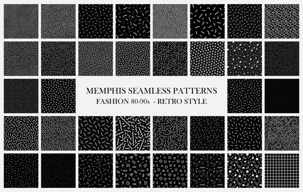 Grote zwarte vector collectie van Memphis naadloze patronen. Fashion Design 80-90s. Zwart-wit trendy texturen. — Stockvector