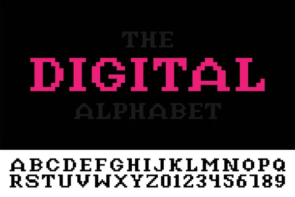 Fonte de pixel minimalista digital - estilo de jogo de vídeo. Vector Inglês alfabeto da moda. Techno letras latinas e numerais —  Vetores de Stock
