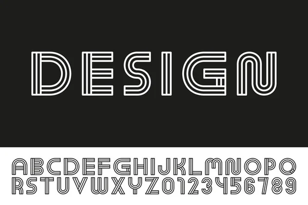 Moderne ontwerper lineaire lettertype. Trendy Engels alfabet. Gestreepte Latijnse letters en cijfers-digitale minimalistische stijl. — Stockvector