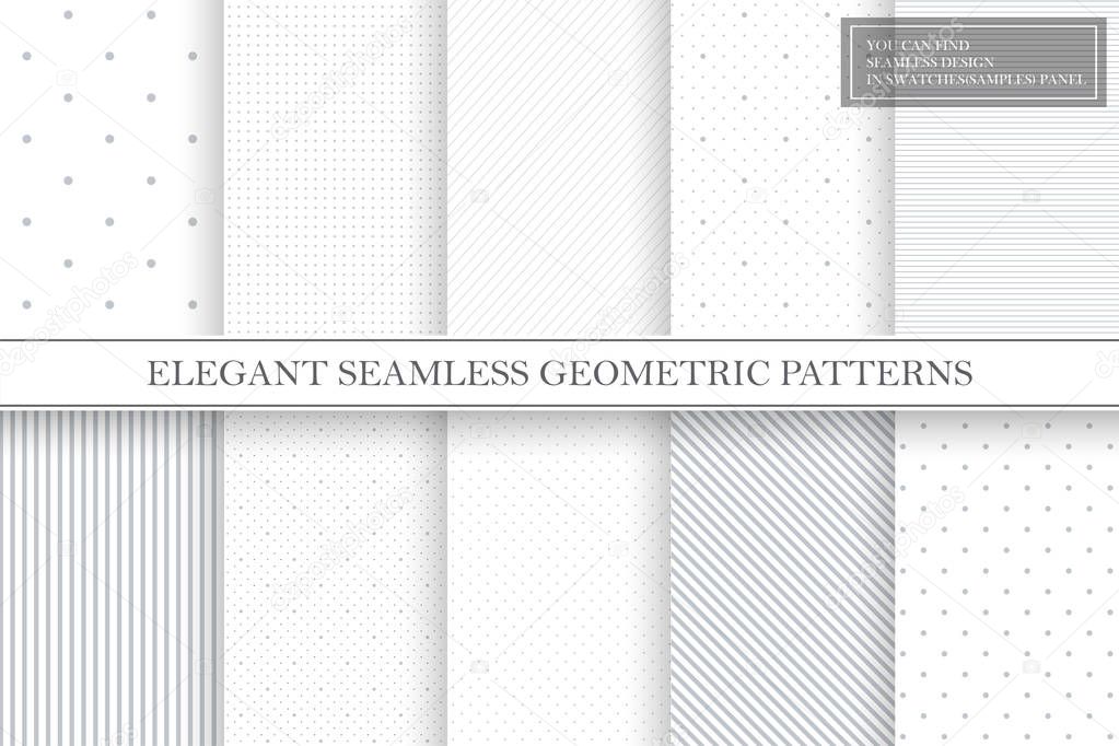 Collection of geometric simple seamless vector patterns - gray dotted and striped textures.